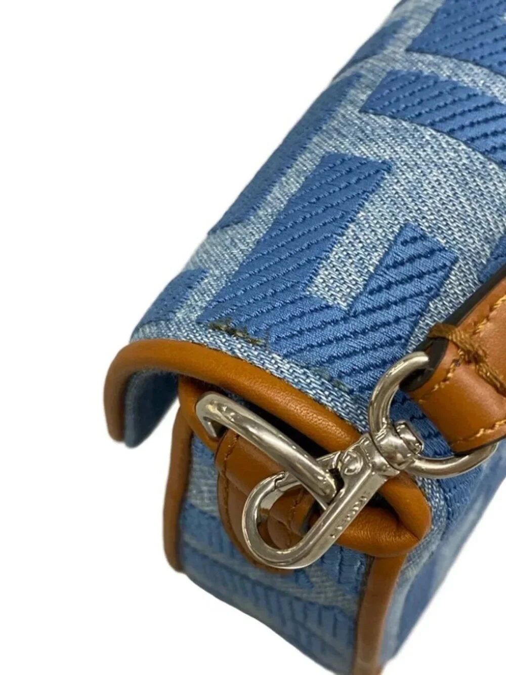 FENDI Baguette Mini 8BS017-AP4N Light Blue Brown Jacquard Leather Handbag